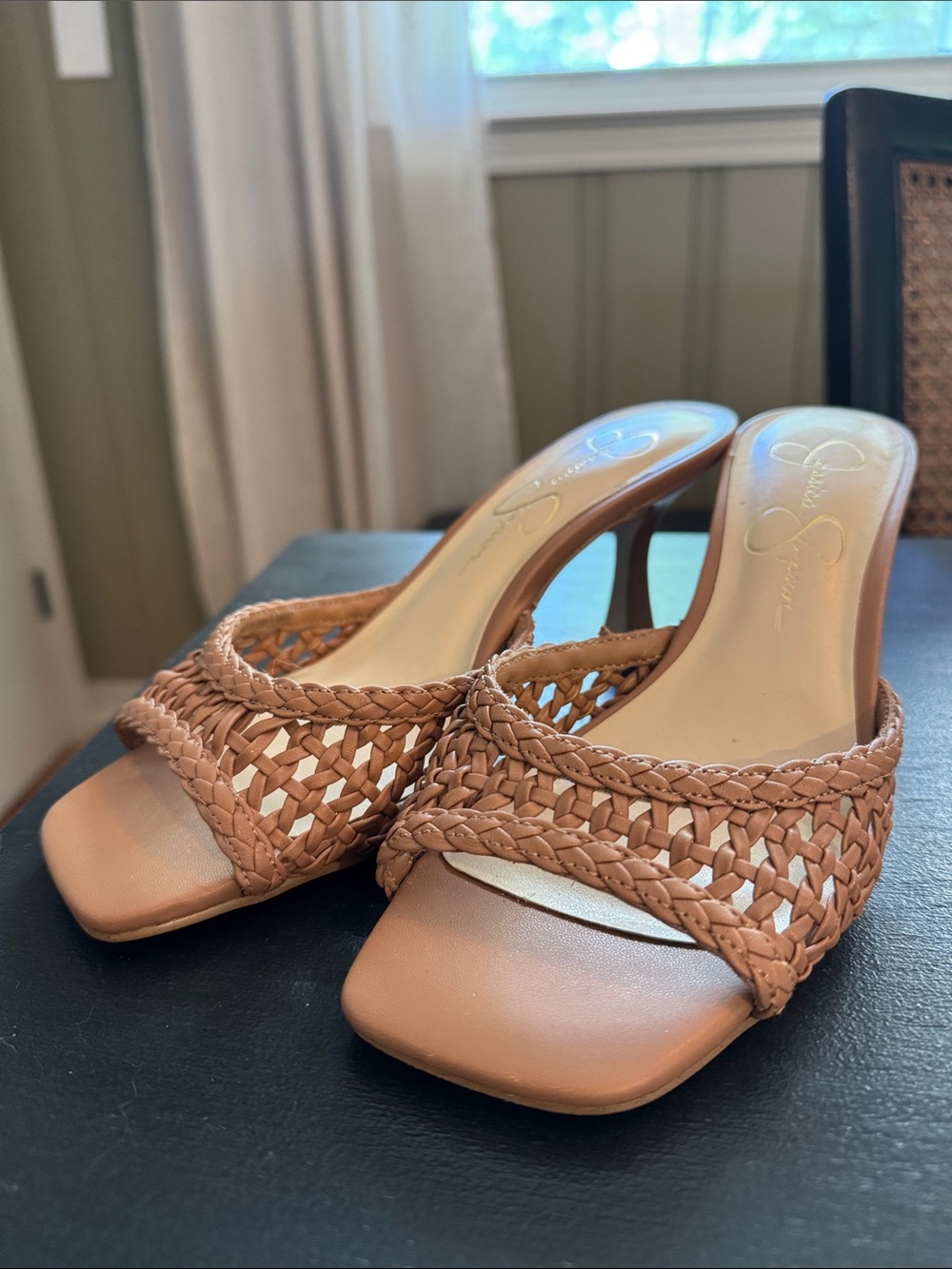 Jessica Simpson Woven Square-Toe Mules in Tan